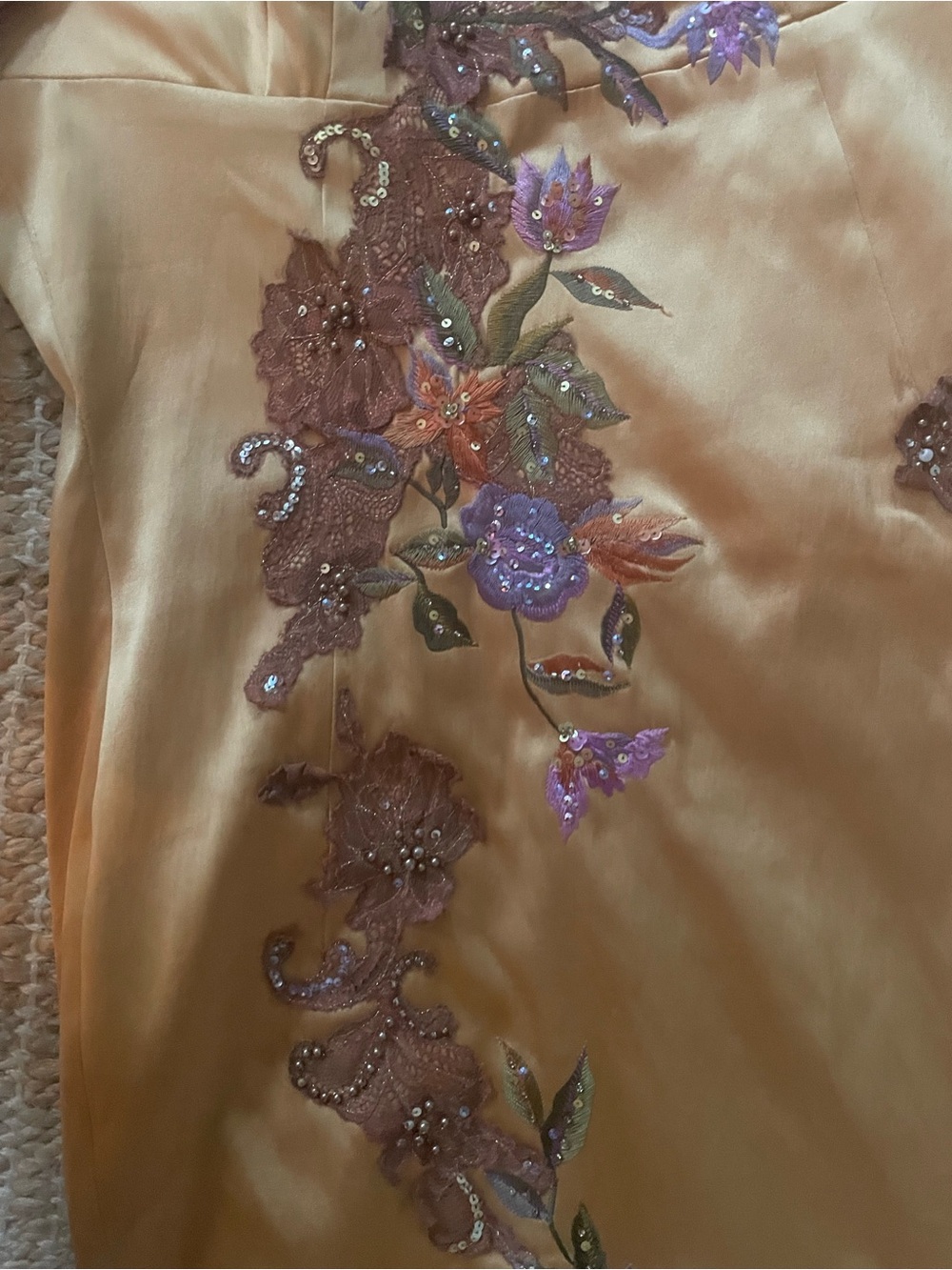 Gold Satin Lace Slip Dress with Floral Appliqué Mandalay Designs - Picture 4 of 7